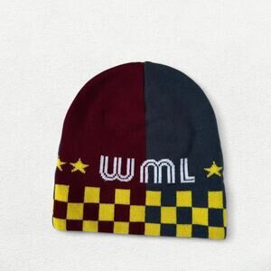 Wish Me Luck “WML” Rivington Checkered Two Tone Beanie in Burgundy & Navy